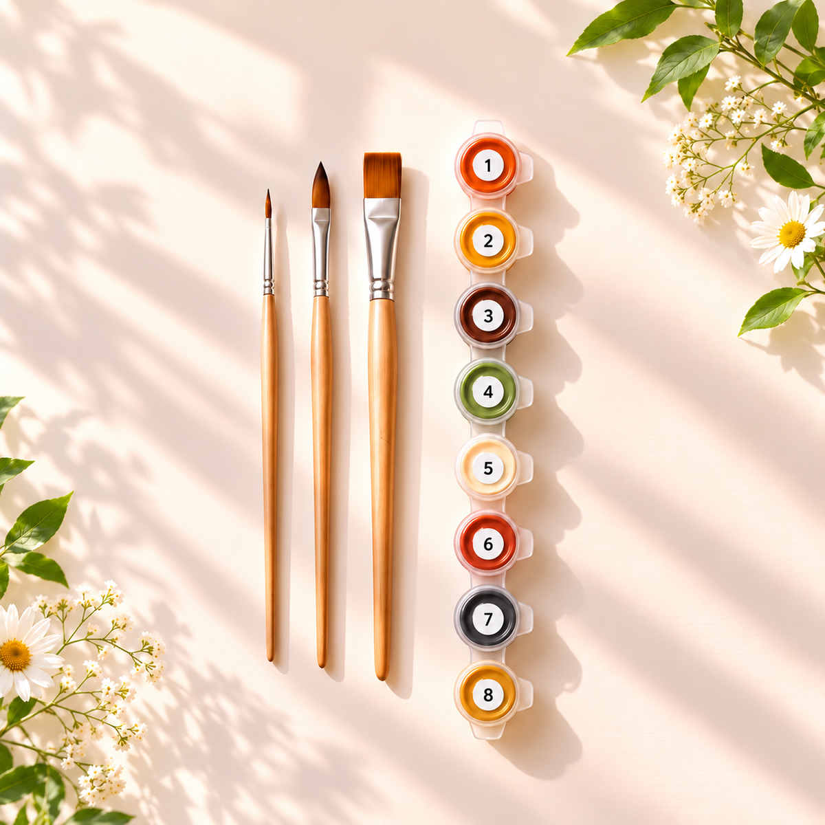 Paint by numbers kit: brushes and numbered paint pots