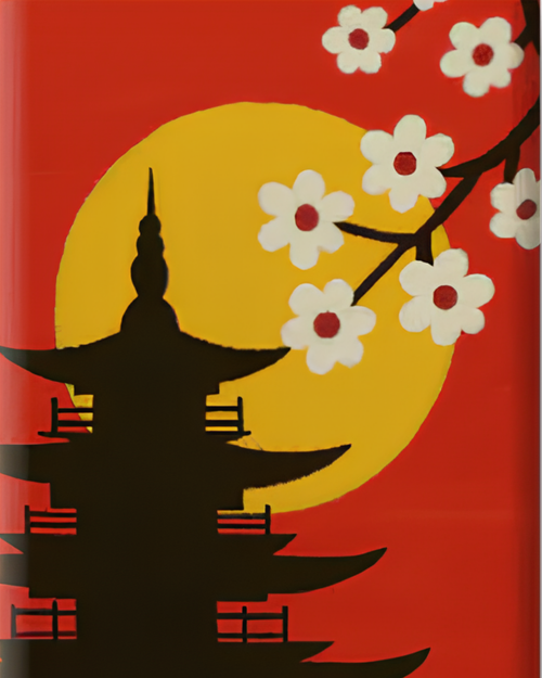 Pagoda at Sunset mini paint by numbers canvas, 20x25 cm