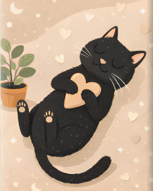 Chat noir endormi – mini-toile de peinture par numéros, 20x25 cm