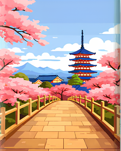 Cherry Blossom Bridge mini paint by numbers canvas, 20x25 cm