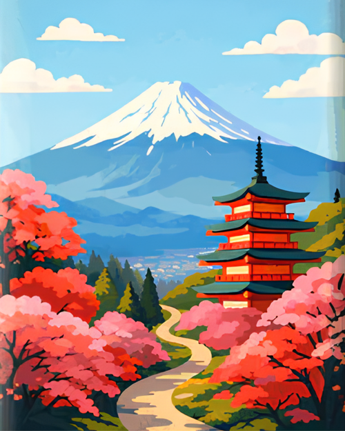 Fuji and Pagoda mini paint by numbers canvas, 20x25 cm