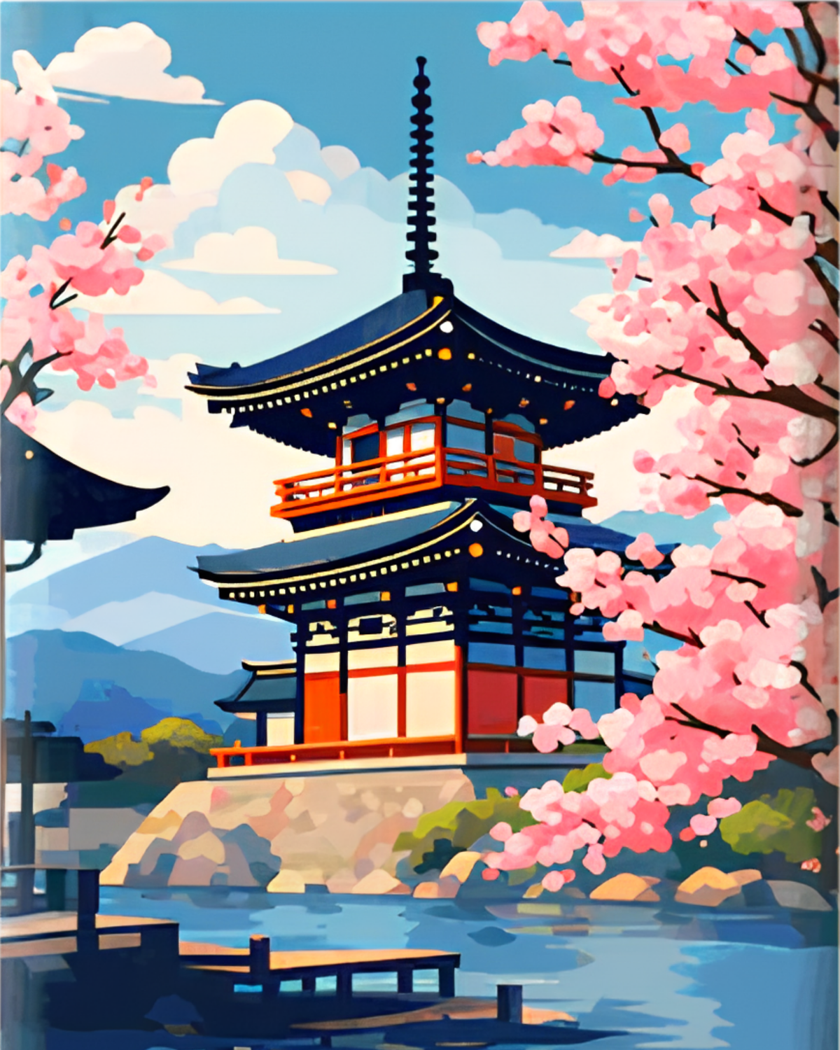 Lakeside Temple mini paint by numbers canvas, 20x25 cm